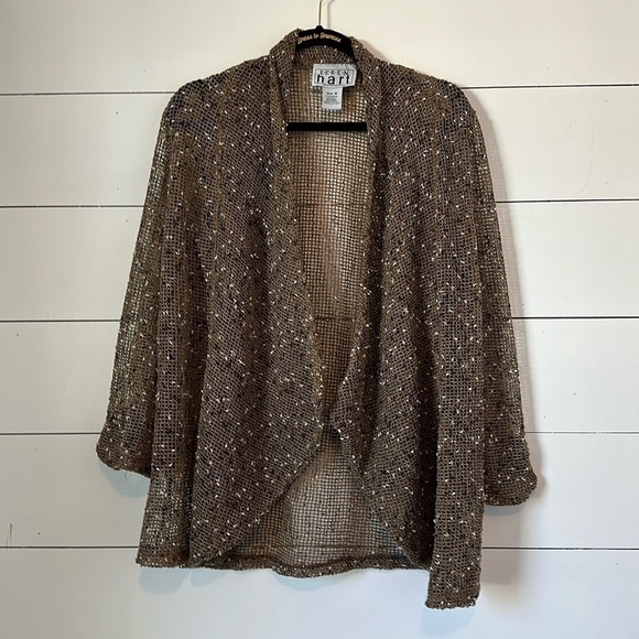 Keren Hart Women’s Gold Metallic Open Cardigan, Size M, Mesh Knit Design - Picture 2 of 7